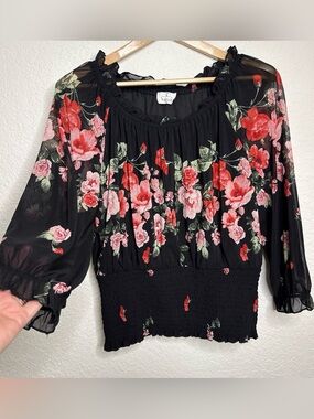 Ember Black Floral Sheer Smocked Blouse Ruffle Trim Size XL Boho Romantic Rose